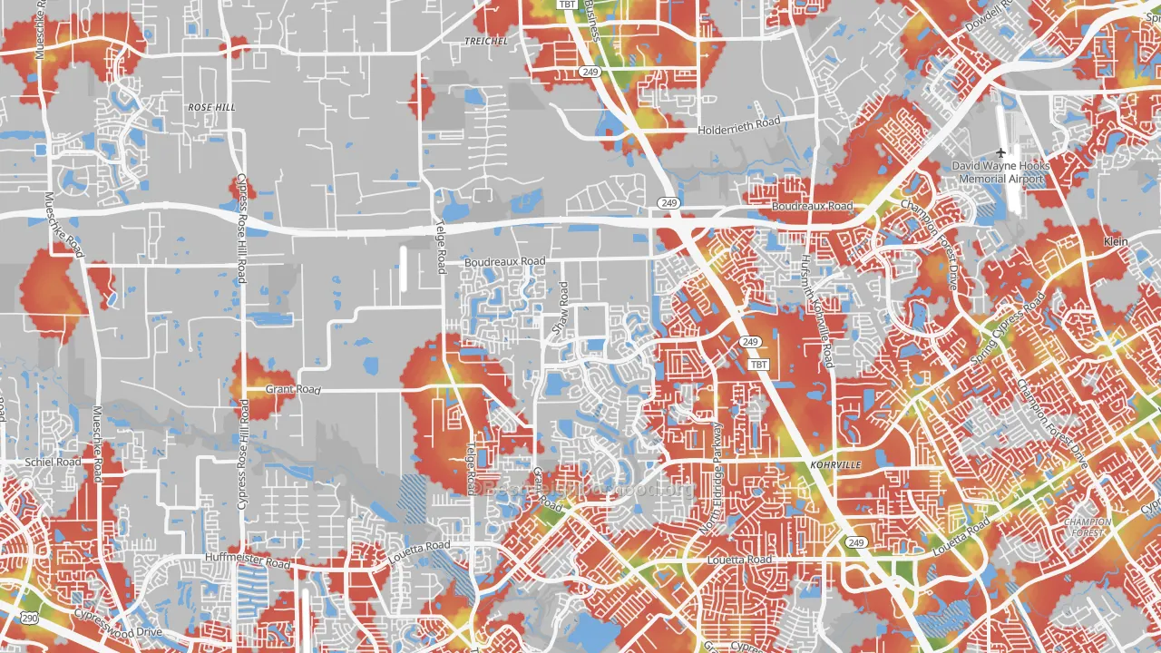 Walk Grade map of 77377, TX, walkable areas in green and car-dependent areas in red
