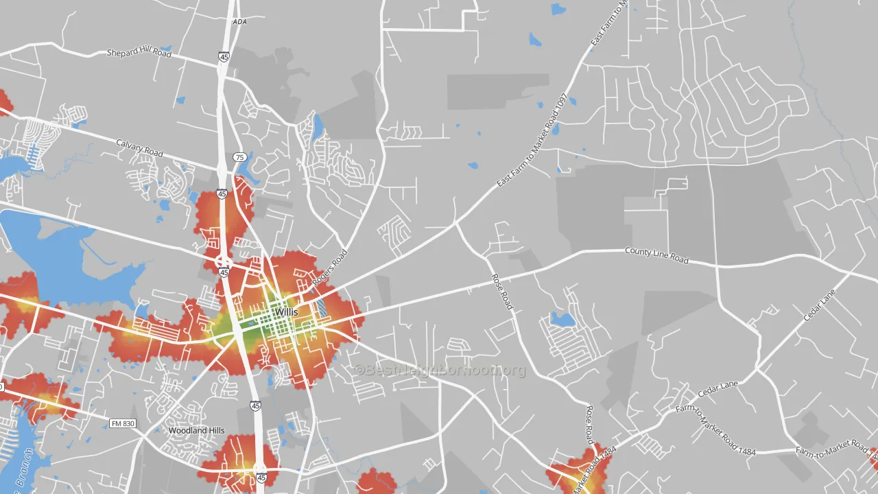 Walk Grade map of 77378, TX, walkable areas in green and car-dependent areas in red