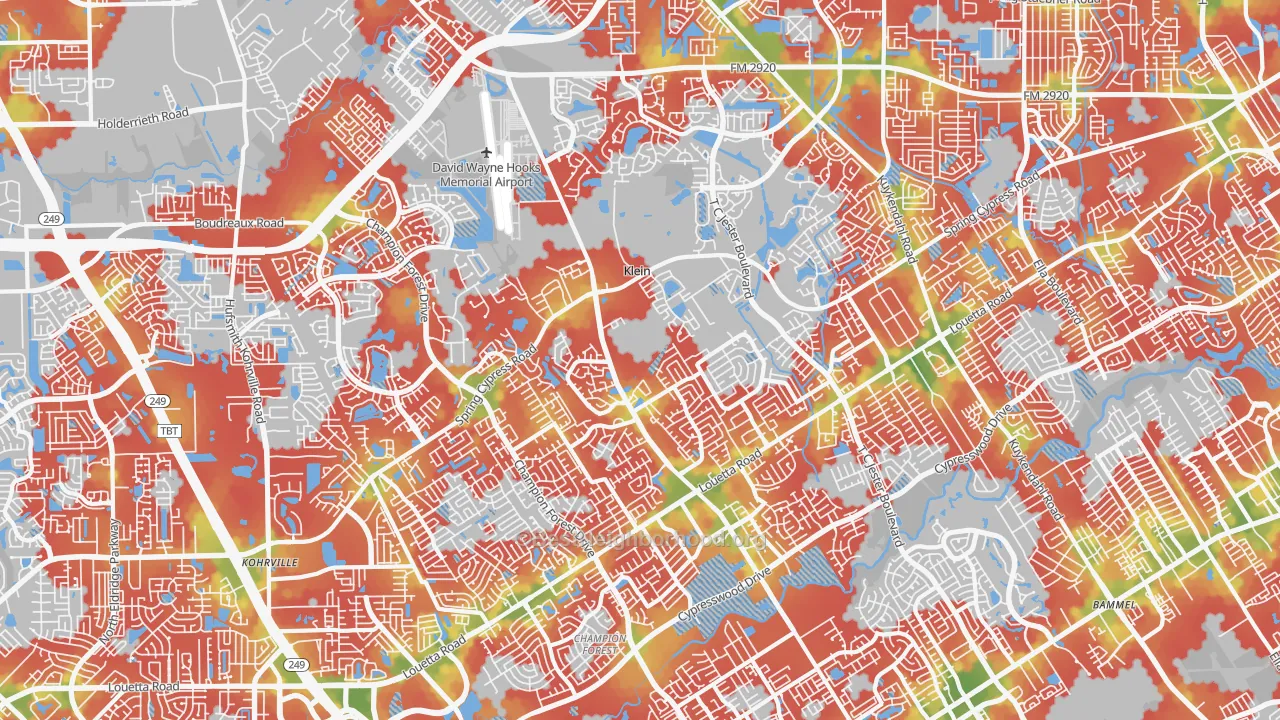 Walk Grade map of 77379, TX, walkable areas in green and car-dependent areas in red