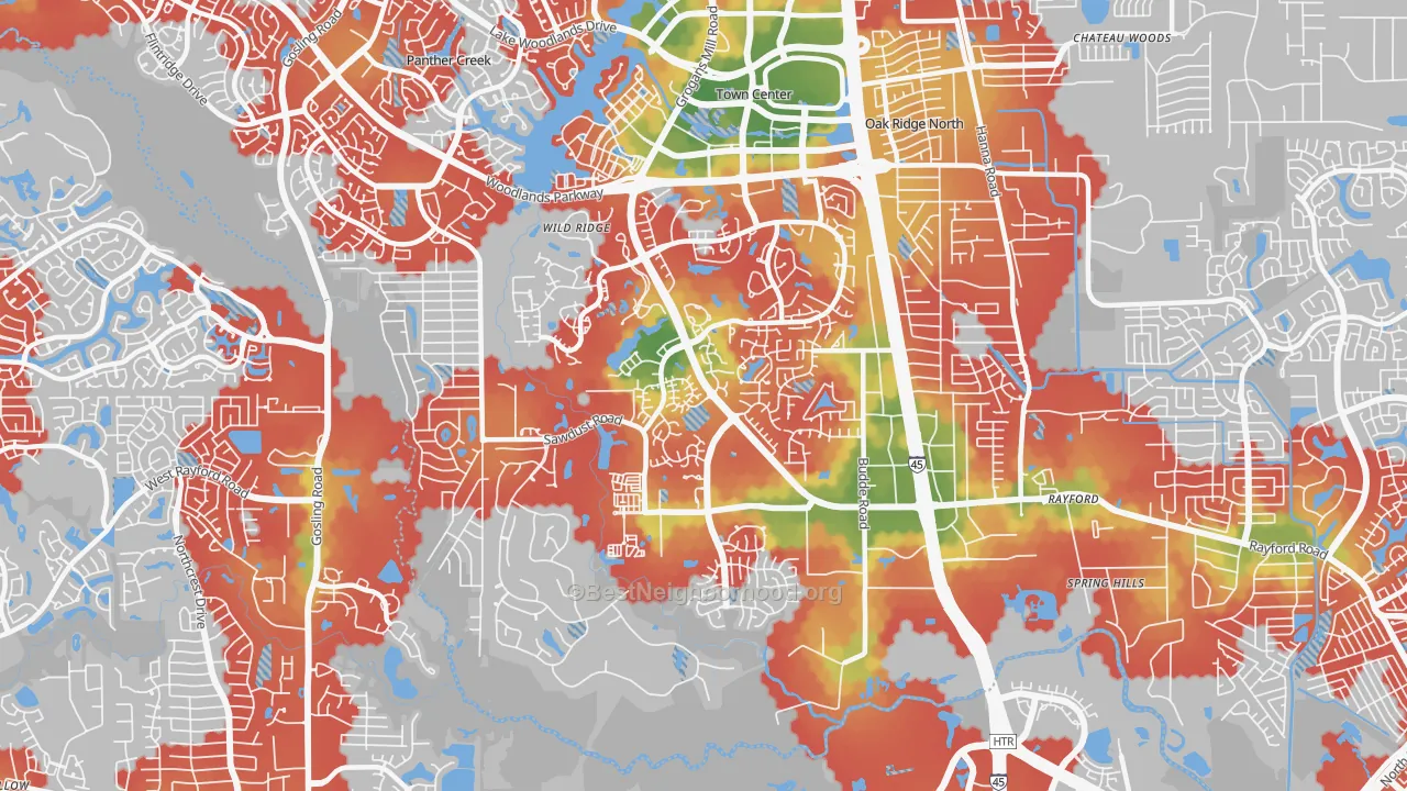 Walk Grade map of 77380, TX, walkable areas in green and car-dependent areas in red
