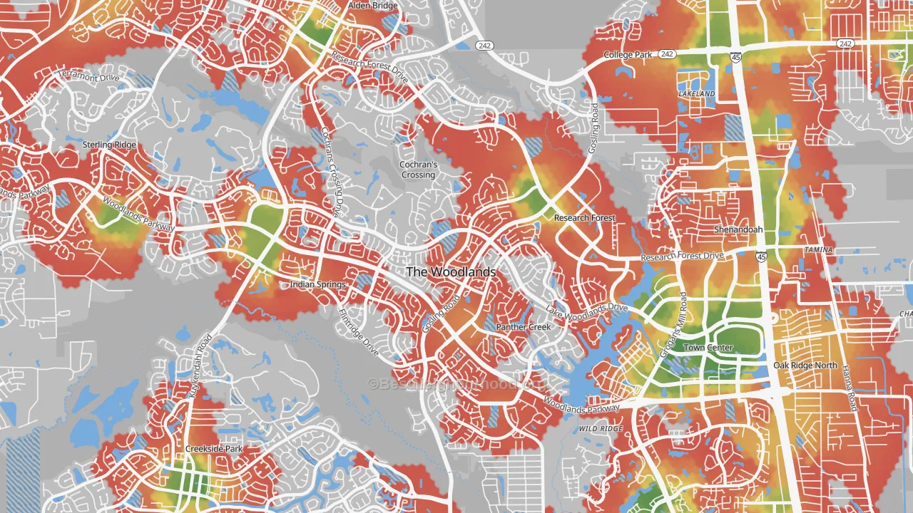 Walk Grade map of 77381, TX, walkable areas in green and car-dependent areas in red
