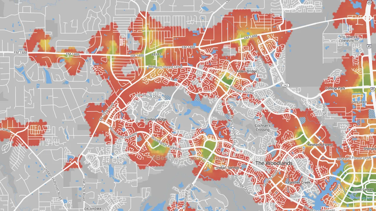 Walk Grade map of 77382, TX, walkable areas in green and car-dependent areas in red