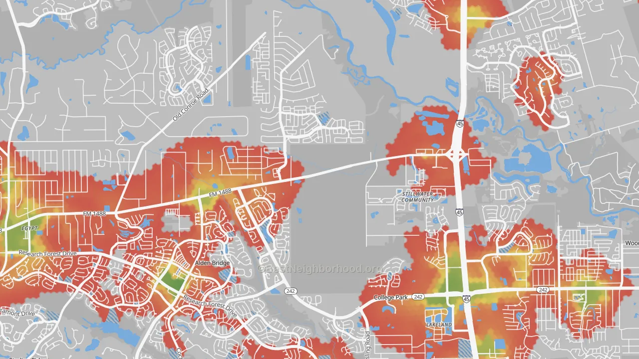 Walk Grade map of 77384, TX, walkable areas in green and car-dependent areas in red