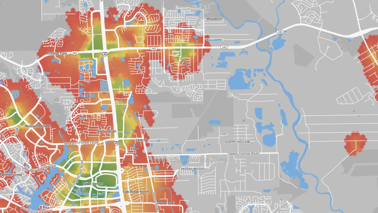 Walk Grade map of 77385, TX, walkable areas in green and car-dependent areas in red