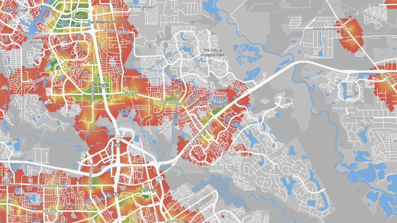 Walk Grade map of 77386, TX, walkable areas in green and car-dependent areas in red