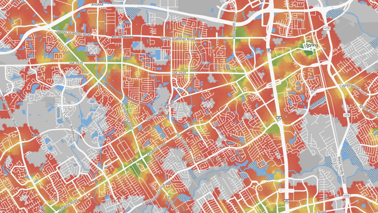 Walk Grade map of 77388, TX, walkable areas in green and car-dependent areas in red