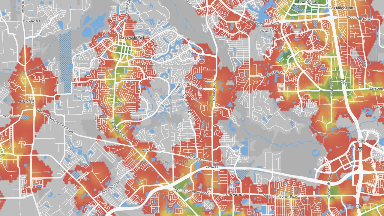 Walk Grade map of 77389, TX, walkable areas in green and car-dependent areas in red