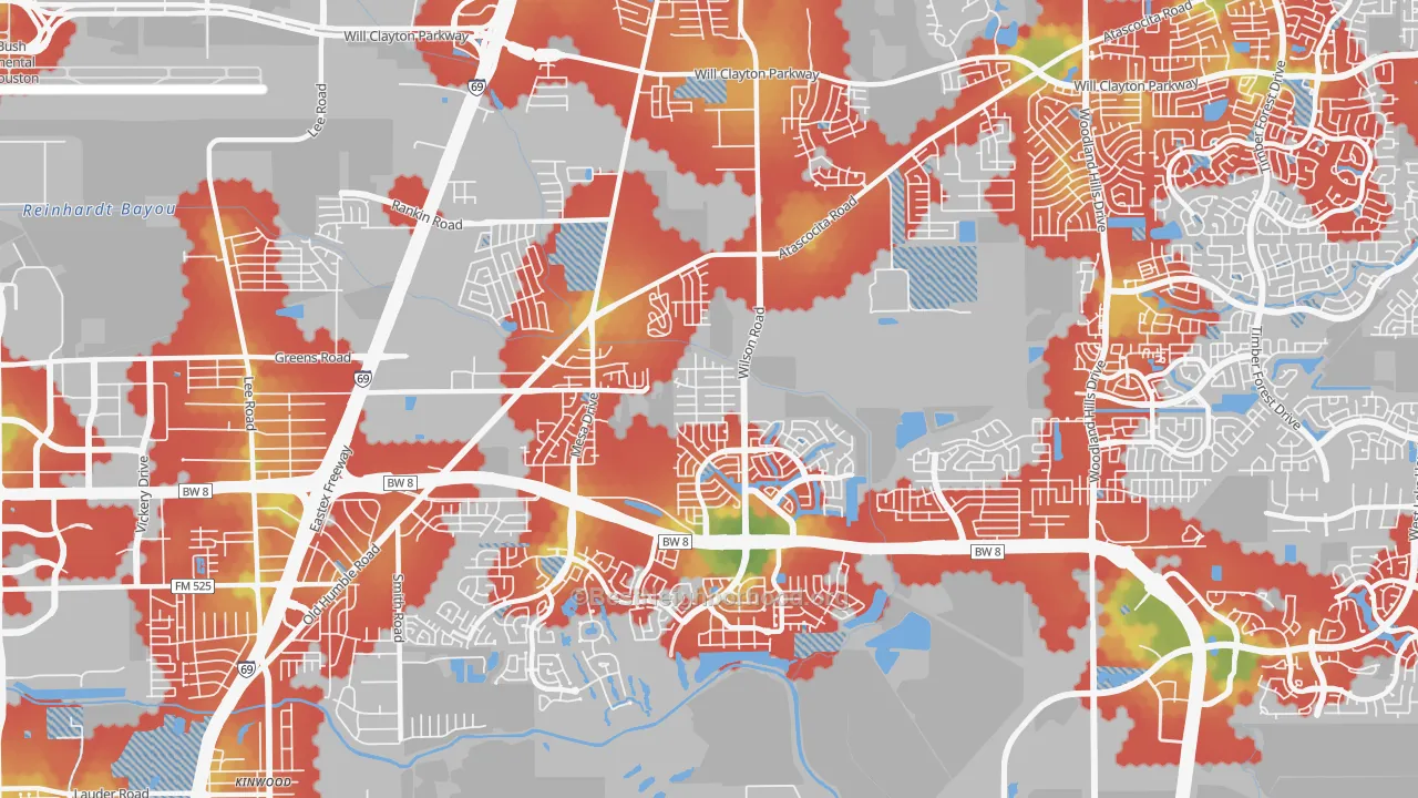 Walk Grade map of 77396, TX, walkable areas in green and car-dependent areas in red