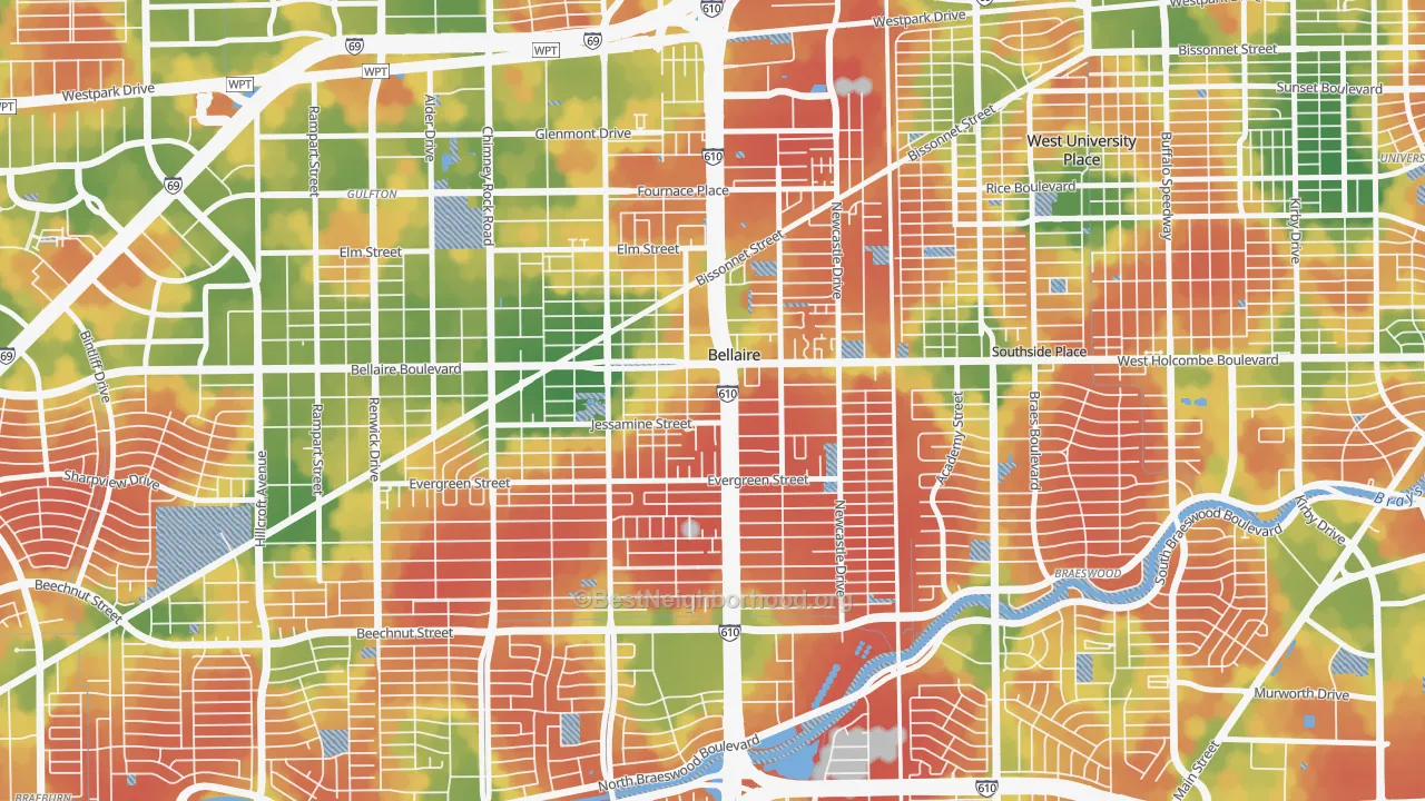 Walk Grade map of 77401, TX, walkable areas in green and car-dependent areas in red