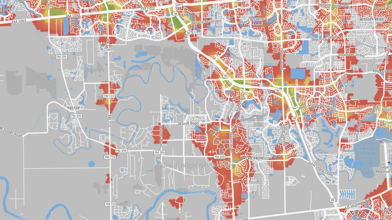Walk Grade map of 77406, TX, walkable areas in green and car-dependent areas in red