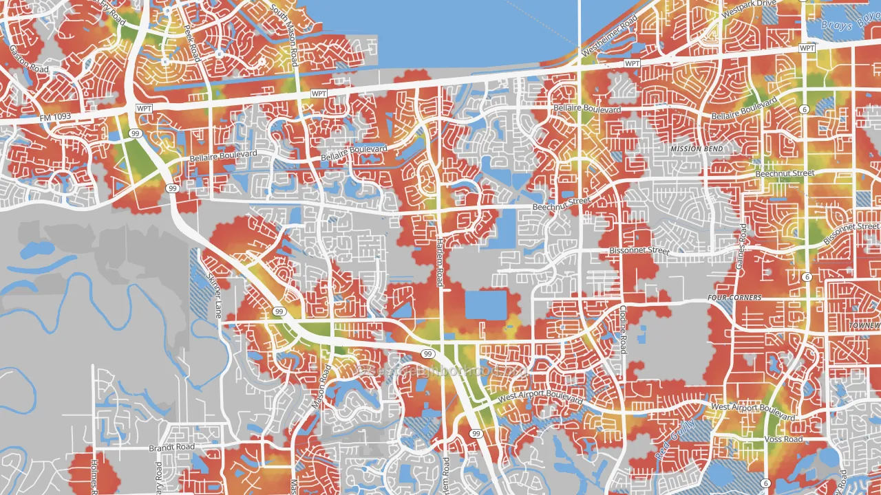 Walk Grade map of 77407, TX, walkable areas in green and car-dependent areas in red