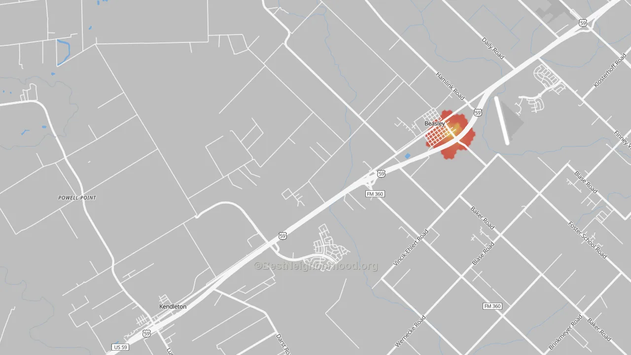 Walk Grade map of 77417, TX, walkable areas in green and car-dependent areas in red