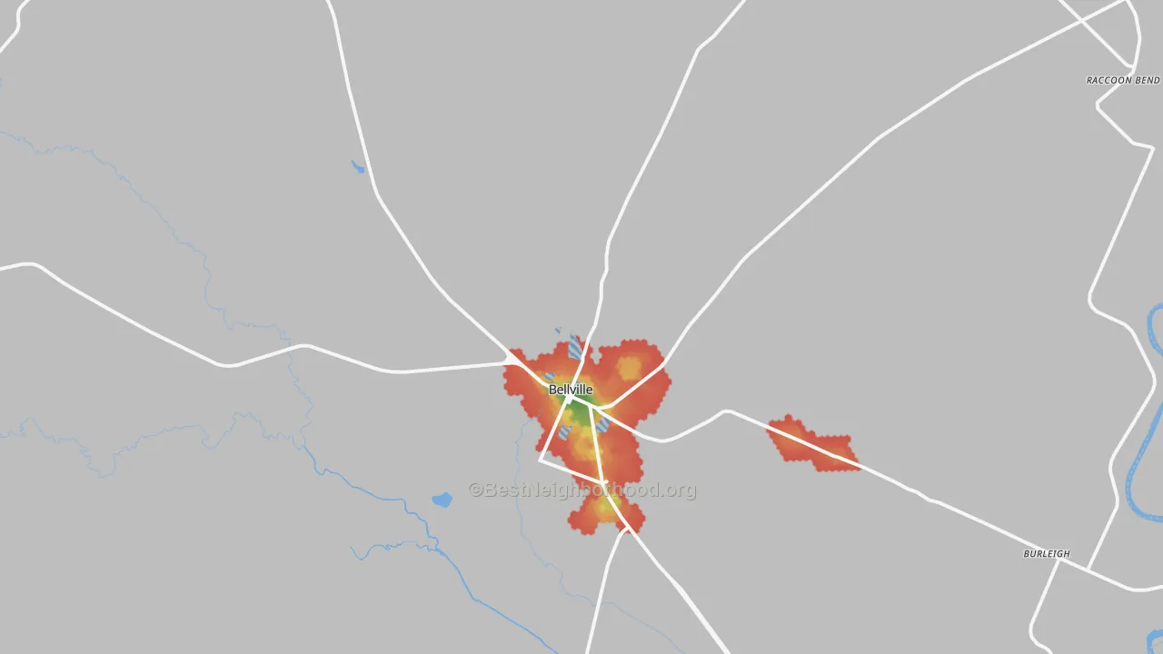 Walk Grade map of 77418, TX, walkable areas in green and car-dependent areas in red