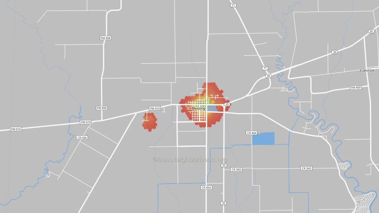Walk Grade map of 77419, TX, walkable areas in green and car-dependent areas in red