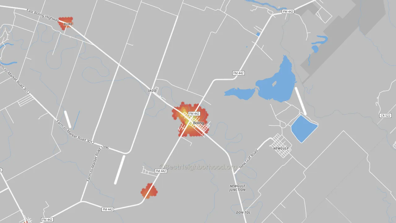 Walk Grade map of 77420, TX, walkable areas in green and car-dependent areas in red