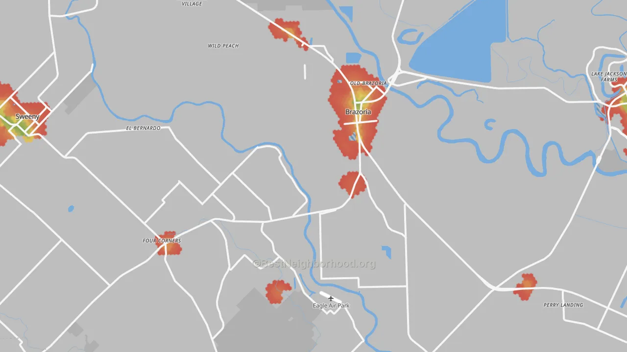 Walk Grade map of 77422, TX, walkable areas in green and car-dependent areas in red