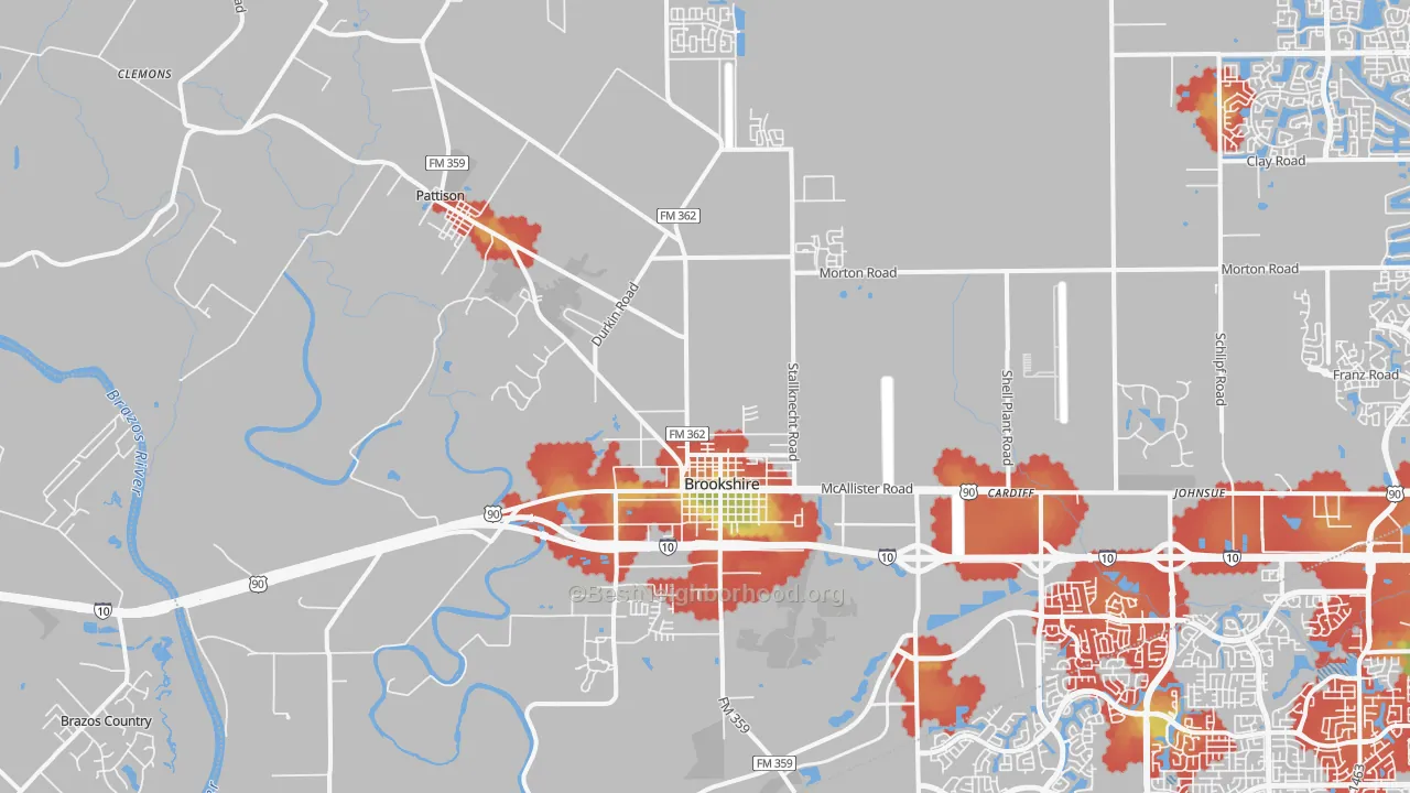 Walk Grade map of 77423, TX, walkable areas in green and car-dependent areas in red