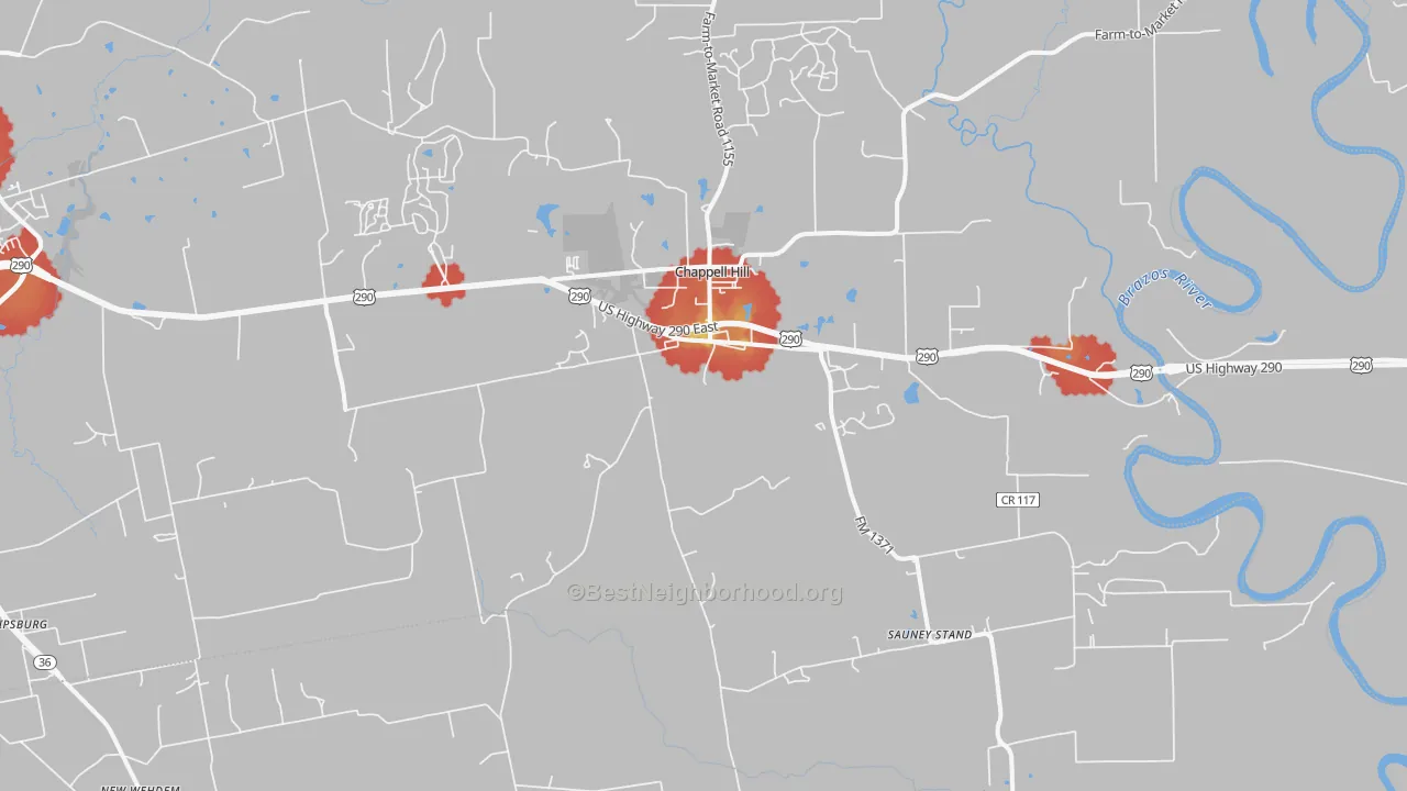 Walk Grade map of 77426, TX, walkable areas in green and car-dependent areas in red