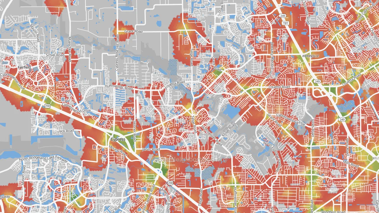 Walk Grade map of 77429, TX, walkable areas in green and car-dependent areas in red