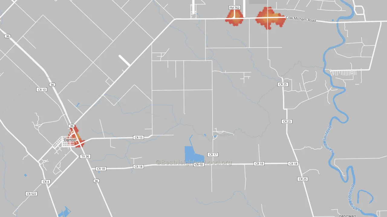 Walk Grade map of 77430, TX, walkable areas in green and car-dependent areas in red