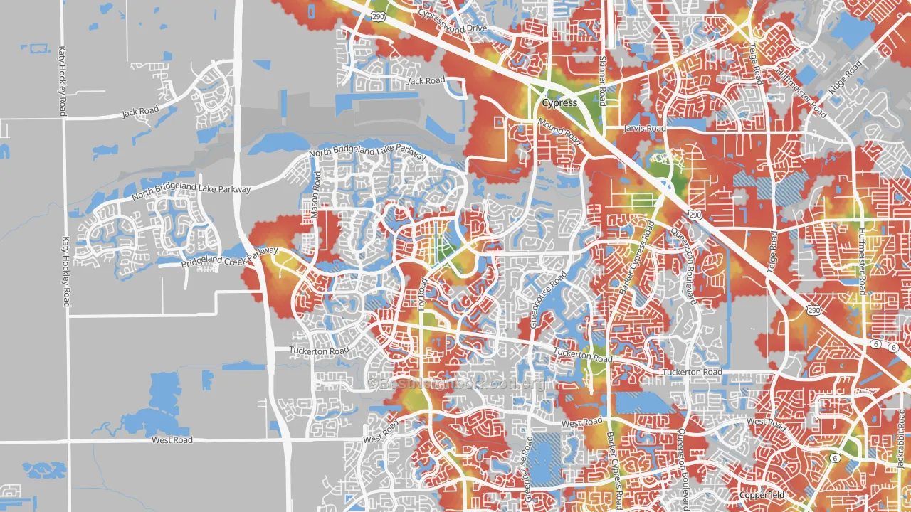Walk Grade map of 77433, TX, walkable areas in green and car-dependent areas in red