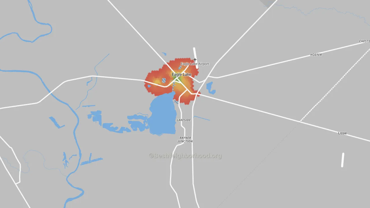 Walk Grade map of 77434, TX, walkable areas in green and car-dependent areas in red