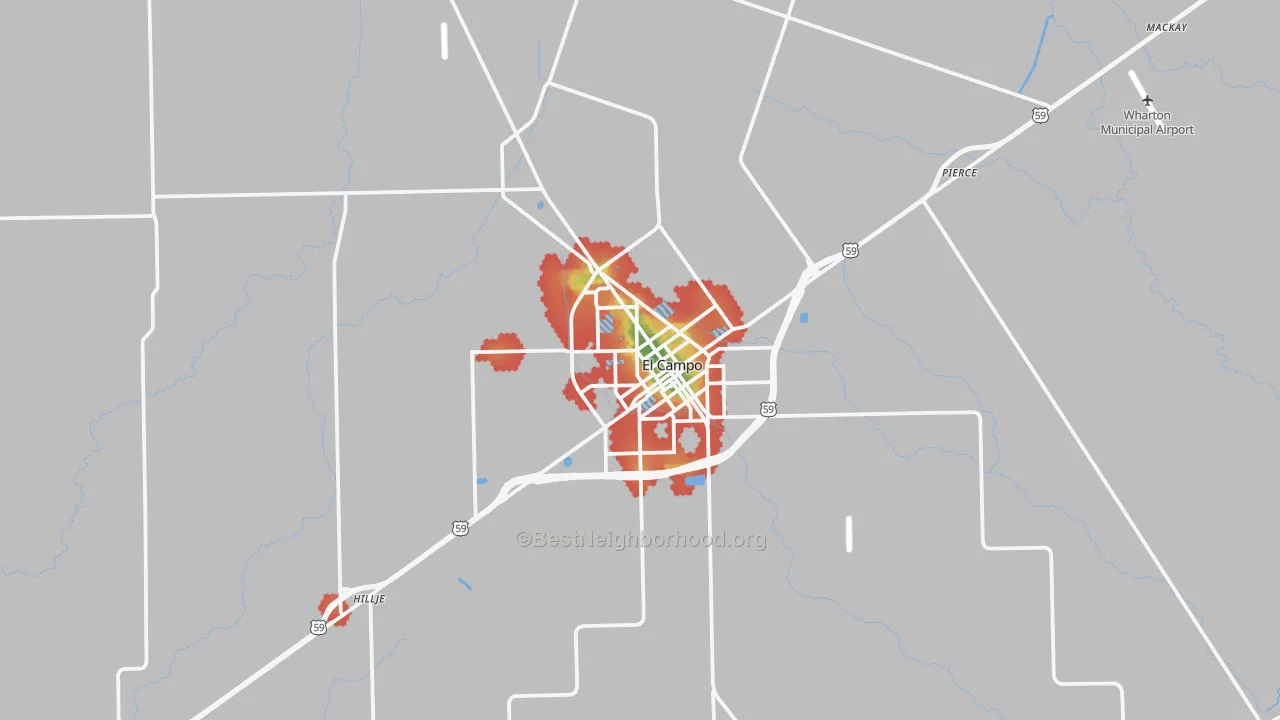 Walk Grade map of 77437, TX, walkable areas in green and car-dependent areas in red
