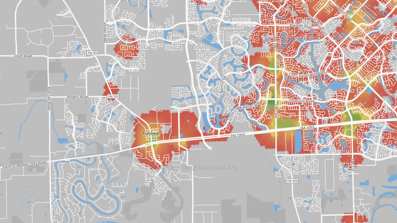 Walk Grade map of 77441, TX, walkable areas in green and car-dependent areas in red