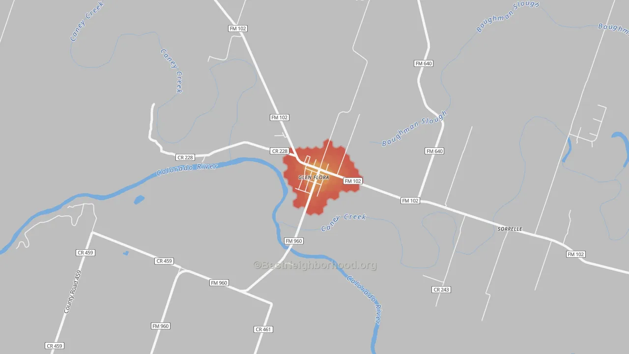 Walk Grade map of 77443, TX, walkable areas in green and car-dependent areas in red