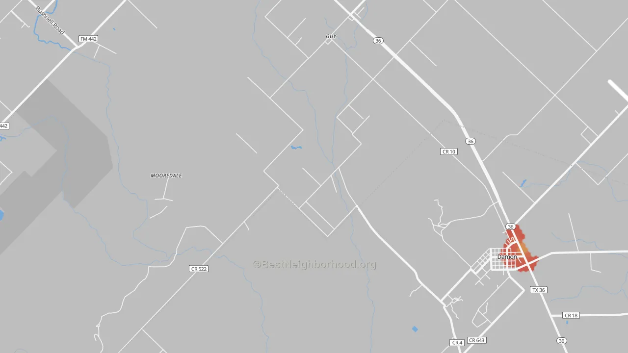 Walk Grade map of 77444, TX, walkable areas in green and car-dependent areas in red