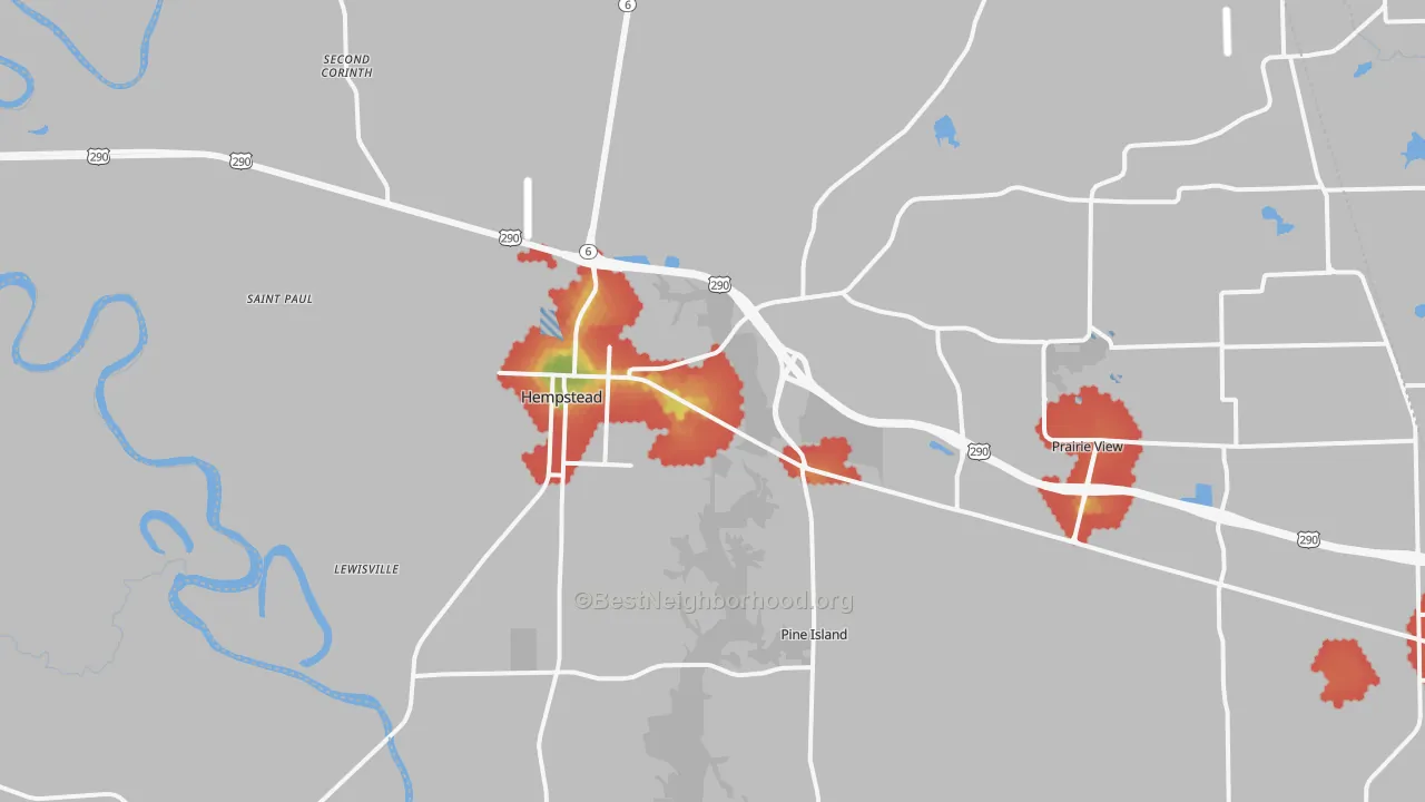 Walk Grade map of 77445, TX, walkable areas in green and car-dependent areas in red