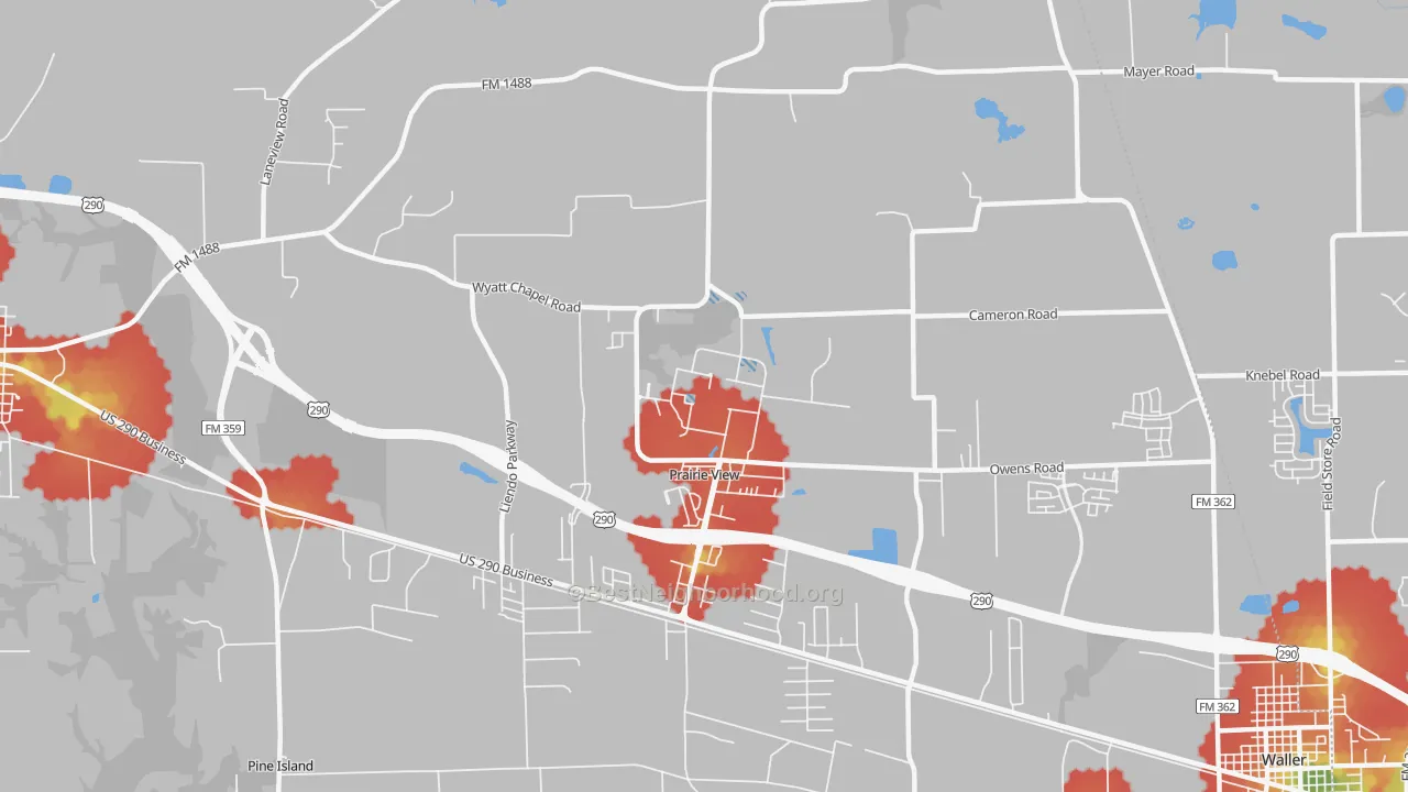 Walk Grade map of 77446, TX, walkable areas in green and car-dependent areas in red