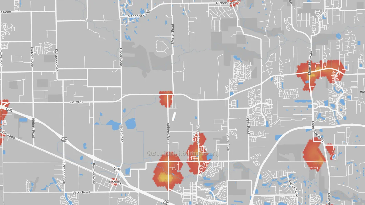Walk Grade map of 77447, TX, walkable areas in green and car-dependent areas in red