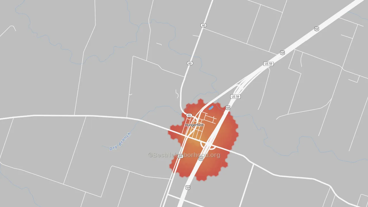 Walk Grade map of 77448, TX, walkable areas in green and car-dependent areas in red