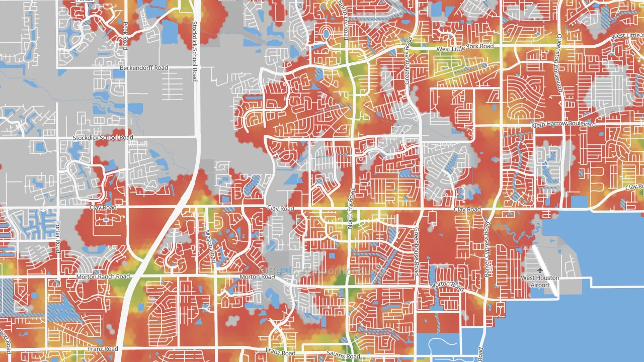 Walk Grade map of 77449, TX, walkable areas in green and car-dependent areas in red