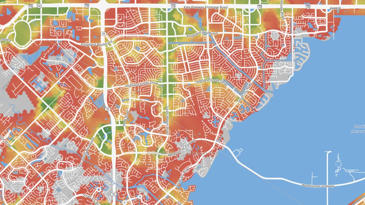 Walk Grade map of 77450, TX, walkable areas in green and car-dependent areas in red