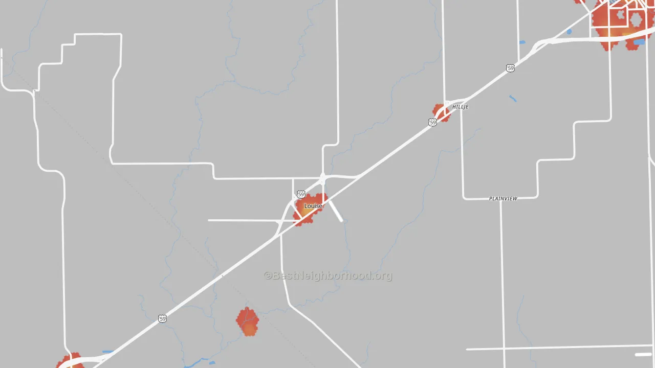 Walk Grade map of 77455, TX, walkable areas in green and car-dependent areas in red