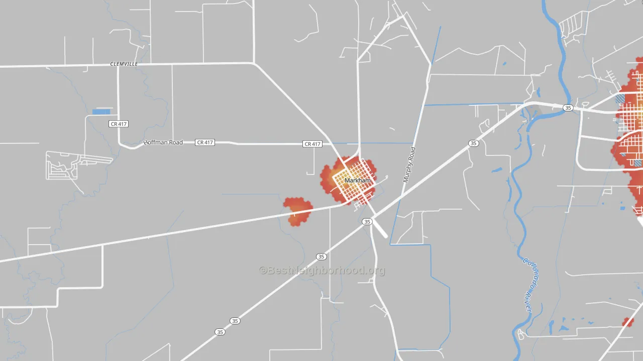 Walk Grade map of 77456, TX, walkable areas in green and car-dependent areas in red