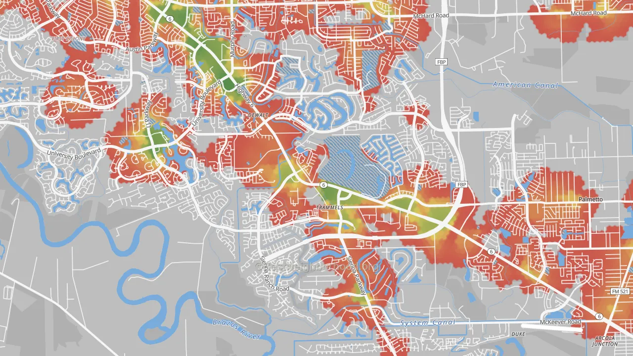 Walk Grade map of 77459, TX, walkable areas in green and car-dependent areas in red
