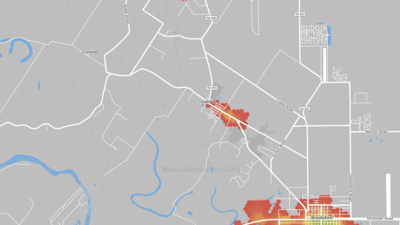 Walk Grade map of 77466, TX, walkable areas in green and car-dependent areas in red