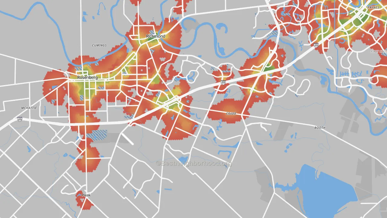 Walk Grade map of 77469, TX, walkable areas in green and car-dependent areas in red