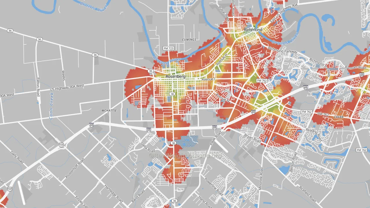 Walk Grade map of 77471, TX, walkable areas in green and car-dependent areas in red