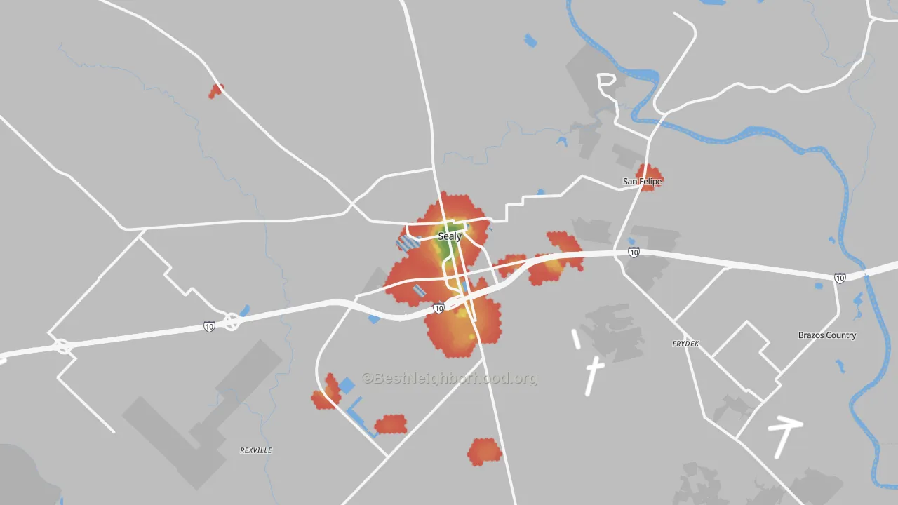 Walk Grade map of 77474, TX, walkable areas in green and car-dependent areas in red
