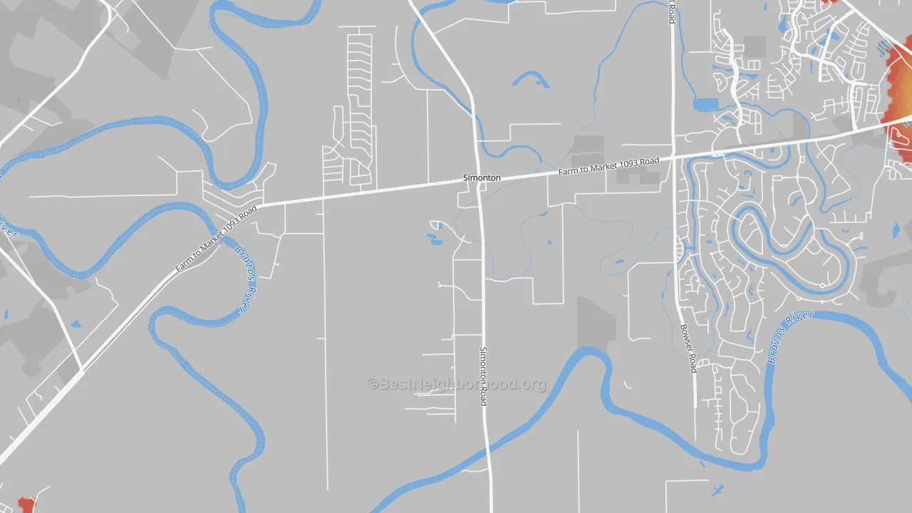 Walk Grade map of 77476, TX, walkable areas in green and car-dependent areas in red
