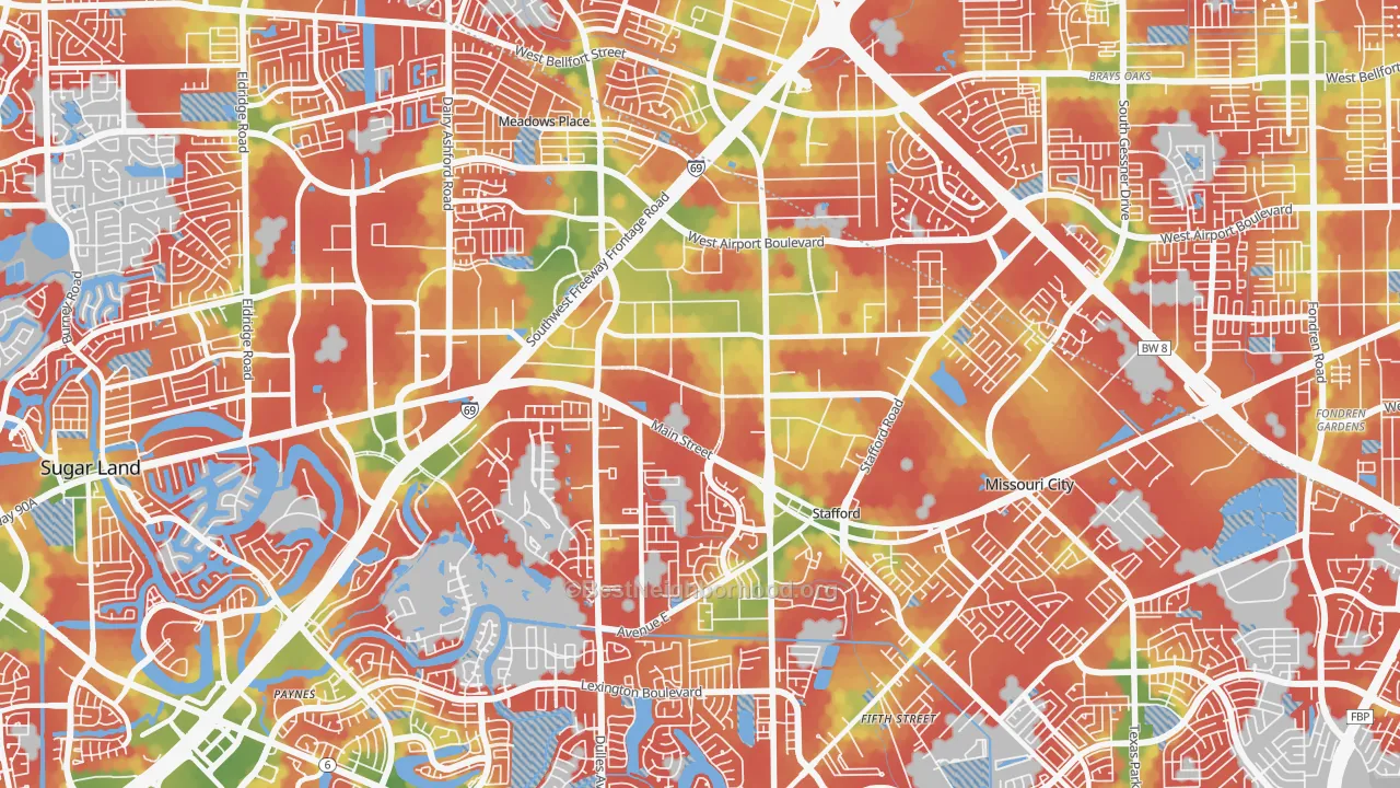 Walk Grade map of 77477, TX, walkable areas in green and car-dependent areas in red