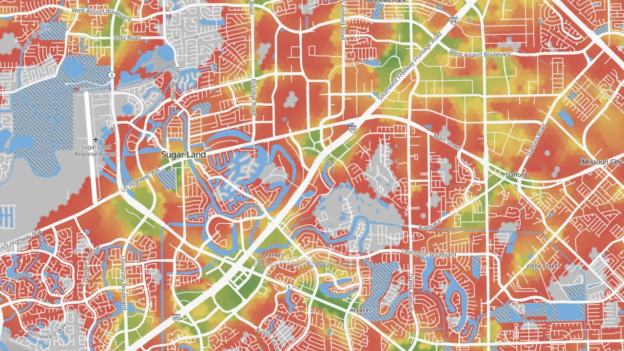 Walk Grade map of 77478, TX, walkable areas in green and car-dependent areas in red
