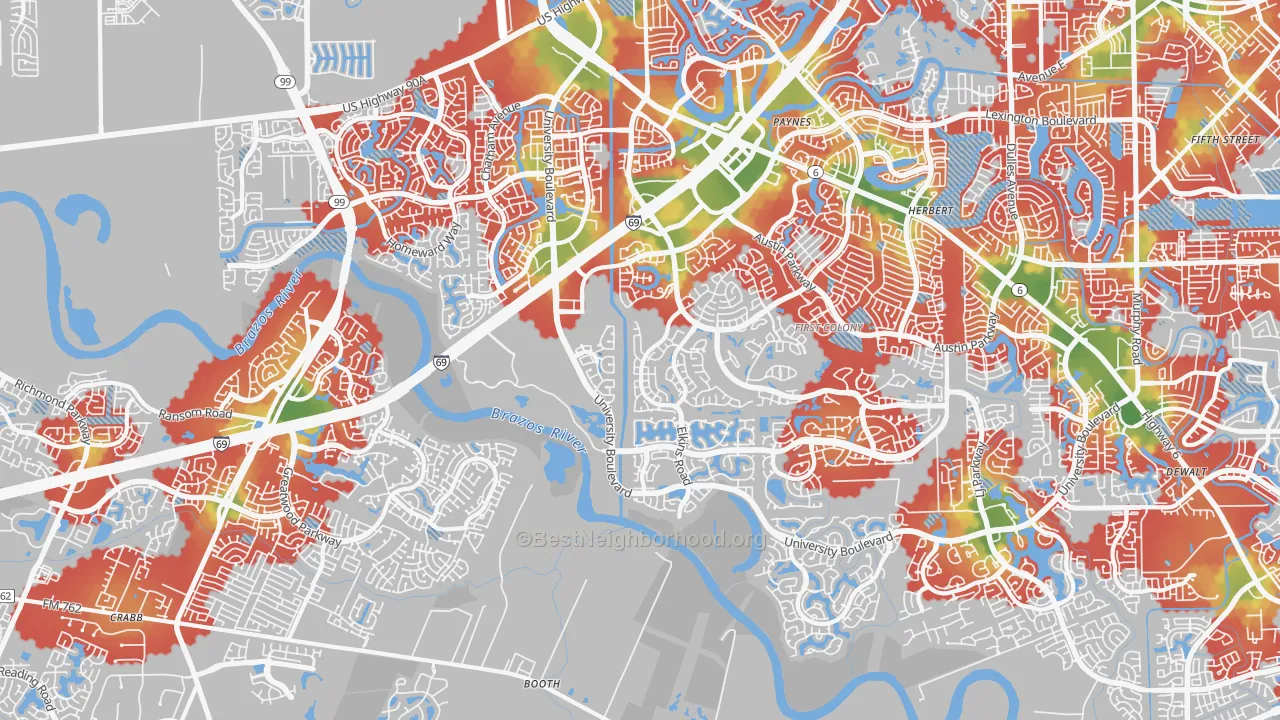Walk Grade map of 77479, TX, walkable areas in green and car-dependent areas in red