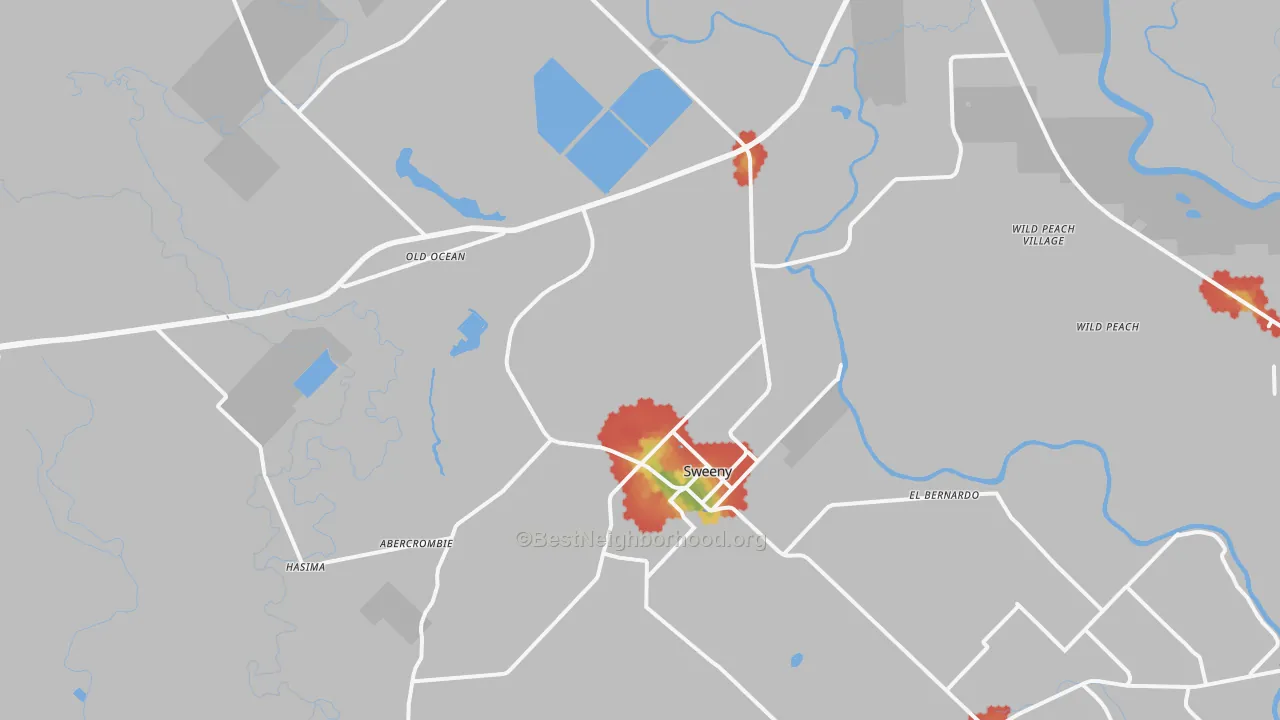 Walk Grade map of 77480, TX, walkable areas in green and car-dependent areas in red