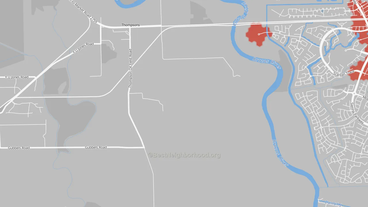 Walk Grade map of 77481, TX, walkable areas in green and car-dependent areas in red