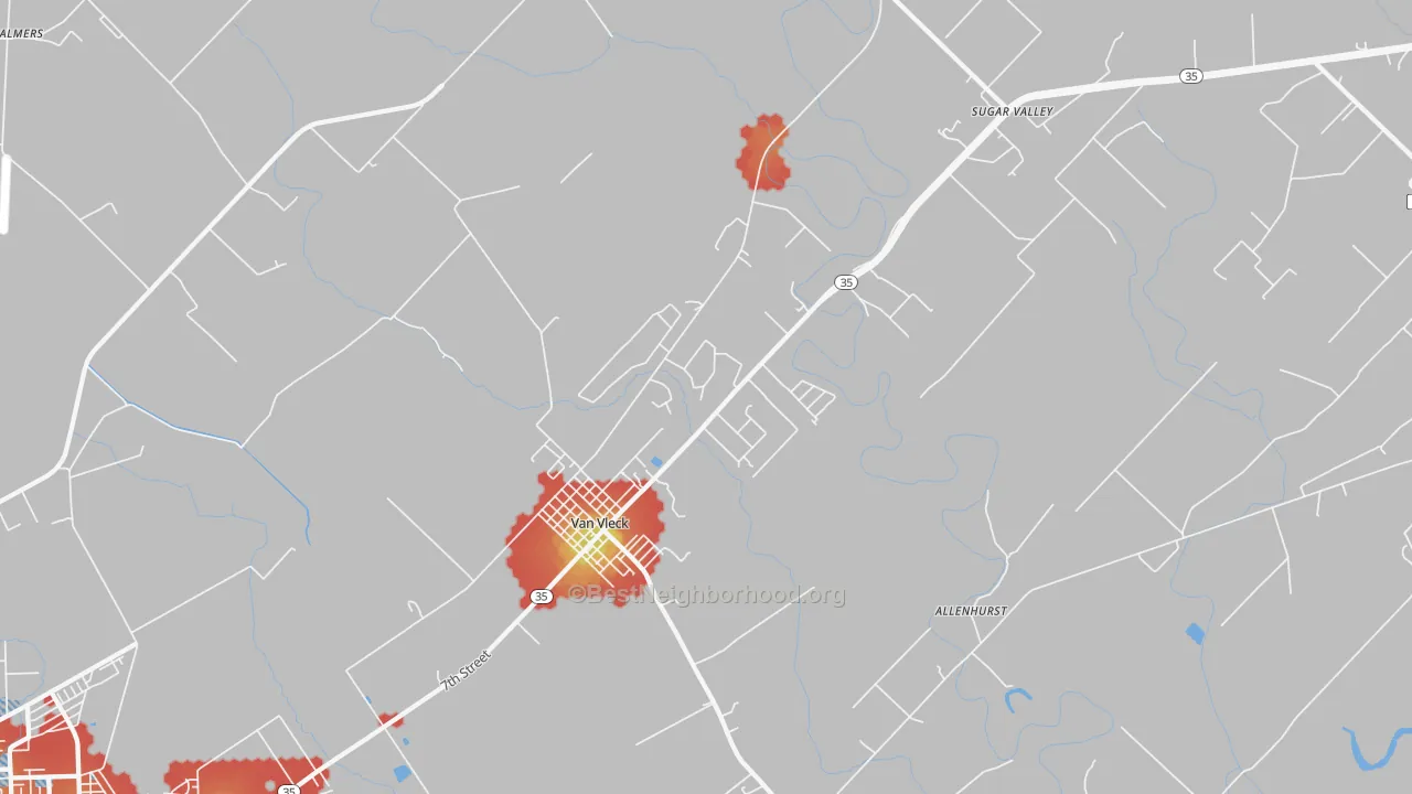 Walk Grade map of 77482, TX, walkable areas in green and car-dependent areas in red
